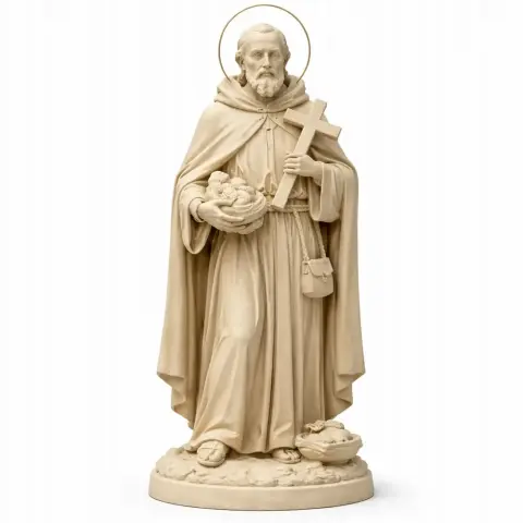 A statue of a saint holding a cross and a basket, dressed in robes with a halo, stands on a round base.
