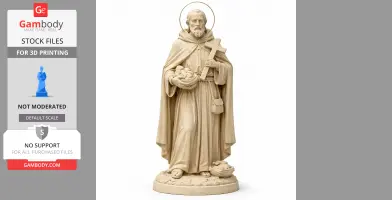 A 3D statue of a bearded saint holding a cross and basket, designed for 3D printing.