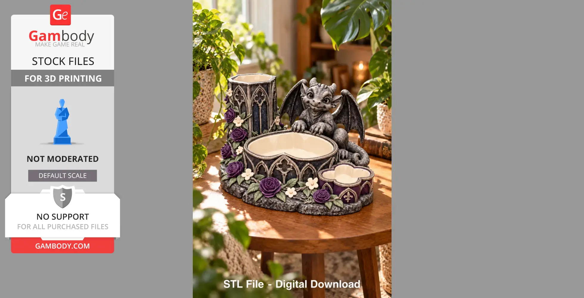 Gothic-style dragon organizer with flowers and intricate patterns on a wooden table, surrounded by plants.