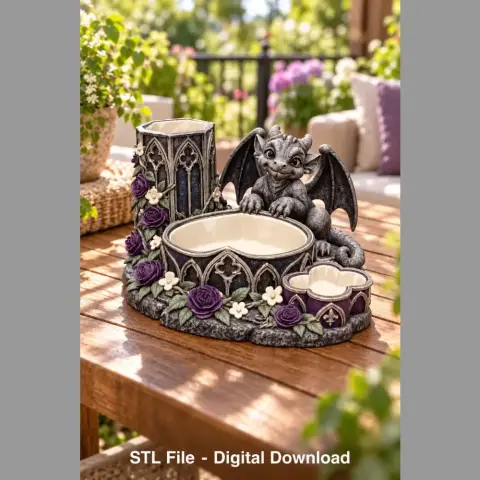 Gothic dragon organizer with winged dragon, candle holders, and floral accents for 3D printing.