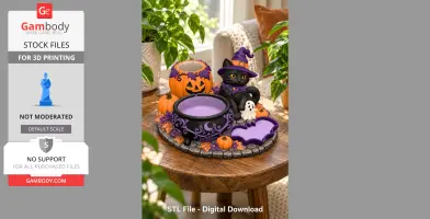 A Halloween-themed cat organizer with witch cat, jack-o'-lanterns, cauldron, and ghost on a wooden table.