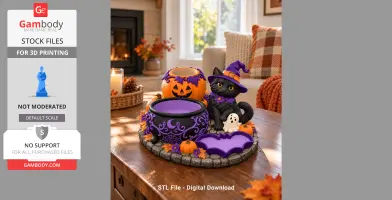 A Halloween-themed cat organizer with a witch hat, pumpkins, cauldron, bat, and ghost on a stone base.