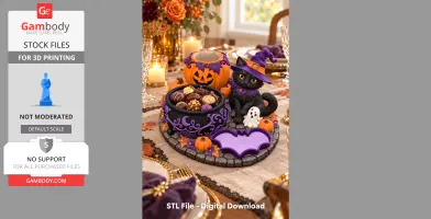 Halloween-themed organizer with witch cat, cauldron, pumpkins, and ghost on a decorative base.