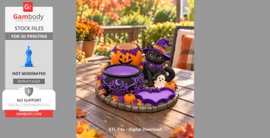 A Halloween-themed organizer with a witch cat, pumpkins, cauldron, and ghost on a round base.