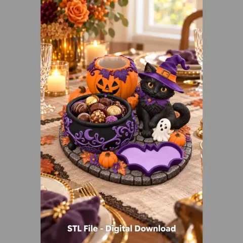 A whimsical Halloween-themed organizer with a witch cat, cauldron, pumpkins, and ghost on a decorative base.