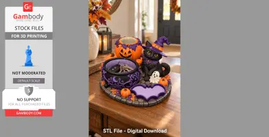 A Halloween-themed organizer with a witch cat, pumpkins, and cauldron.