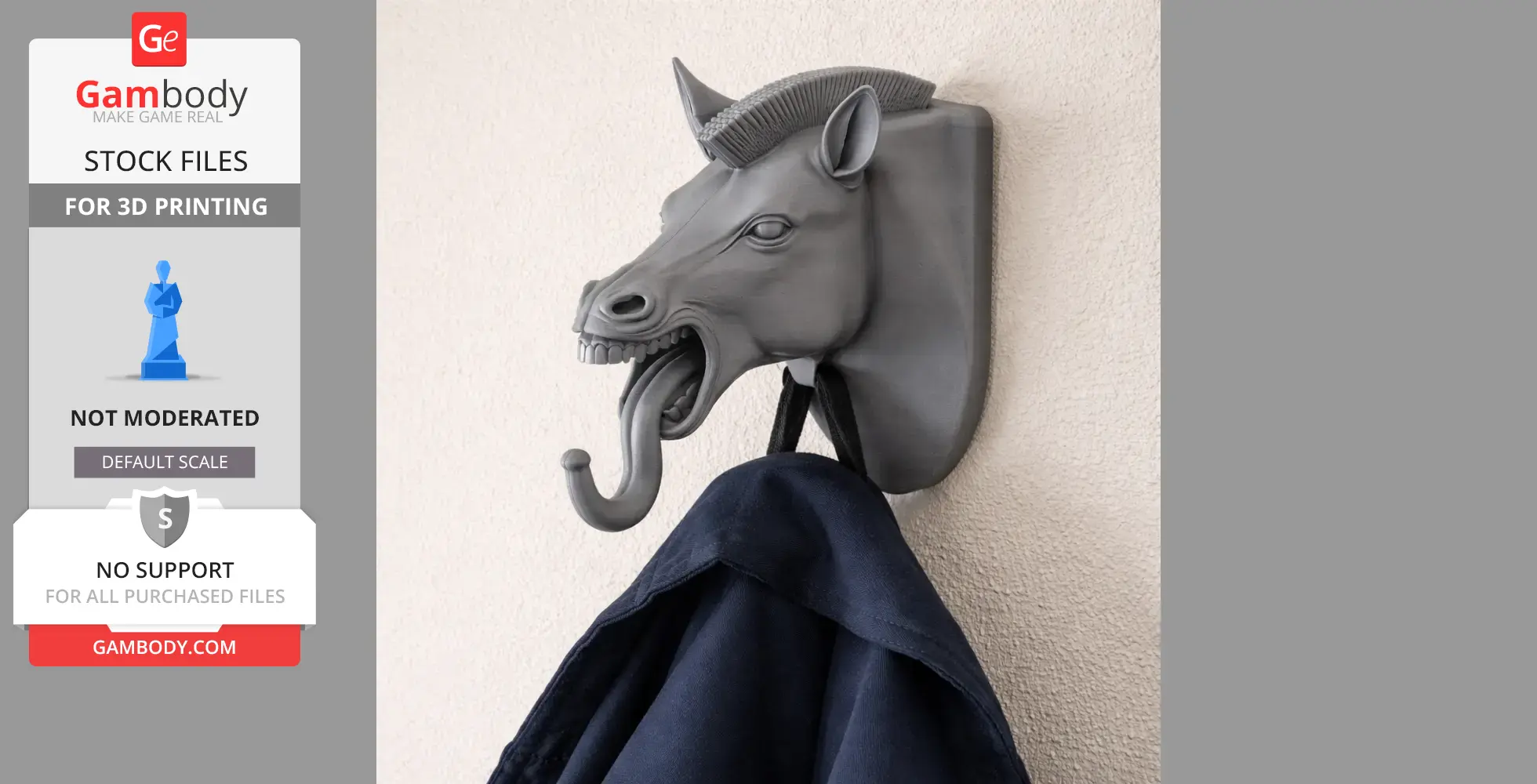 Zebra head wall hook with an extended tongue holds a coat. 3D-printed design on a textured wall.