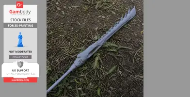 A 3D printed Giant Jawblade prop from Monster Hunter, resting on grass and dirt.