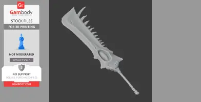 A 3D model of a large, serrated sword resembling a jawbone, designed for cosplay and 3D printing.