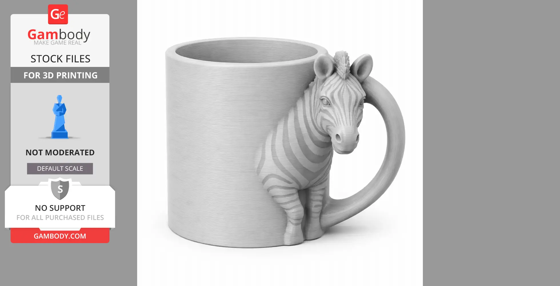 A 3D printed mug with a zebra-shaped handle and head, designed for 3D printing.