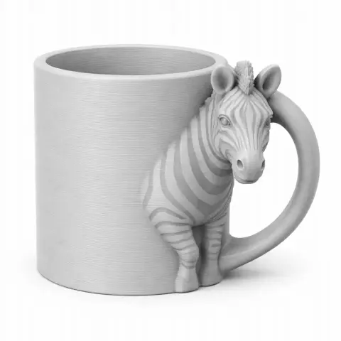 3D printed mug with zebra design as handle and front detail.