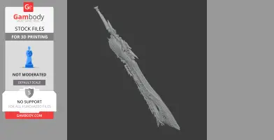 Intricately detailed, large fantasy sword with jagged edges and ornamental design.