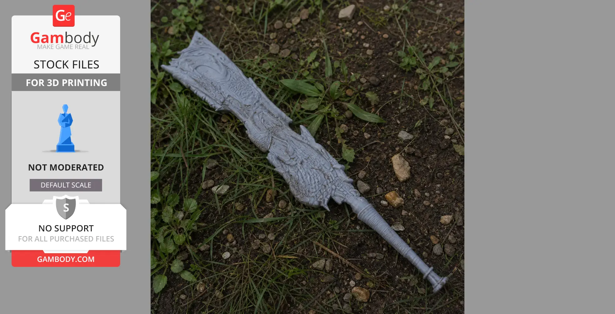 Intricately detailed fantasy sword prop, placed on grass and dirt, for 3D printing.