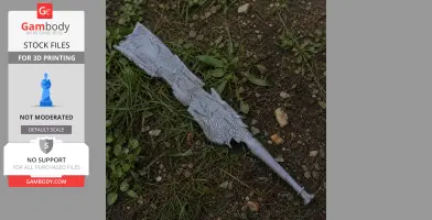 Intricately detailed fantasy sword prop, placed on grass and dirt, for 3D printing.