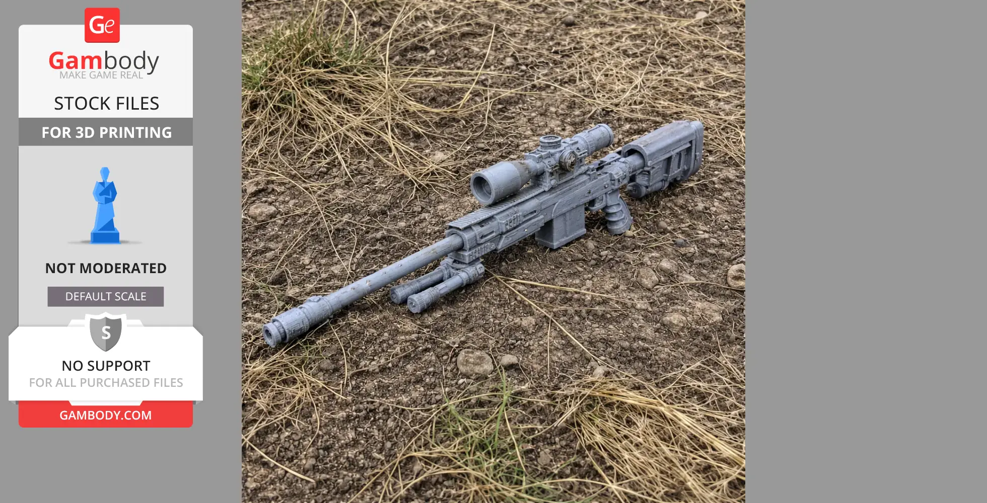 3D-printed sniper rifle prop with scope, resting on dry grass and soil.