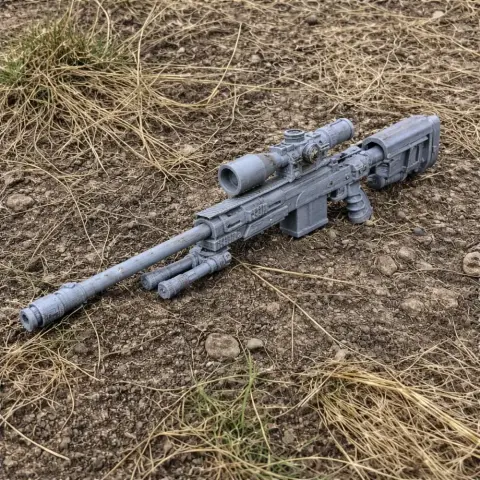 A detailed 3D-printed replica of a sniper rifle prop resting on rocky ground with dry grass.