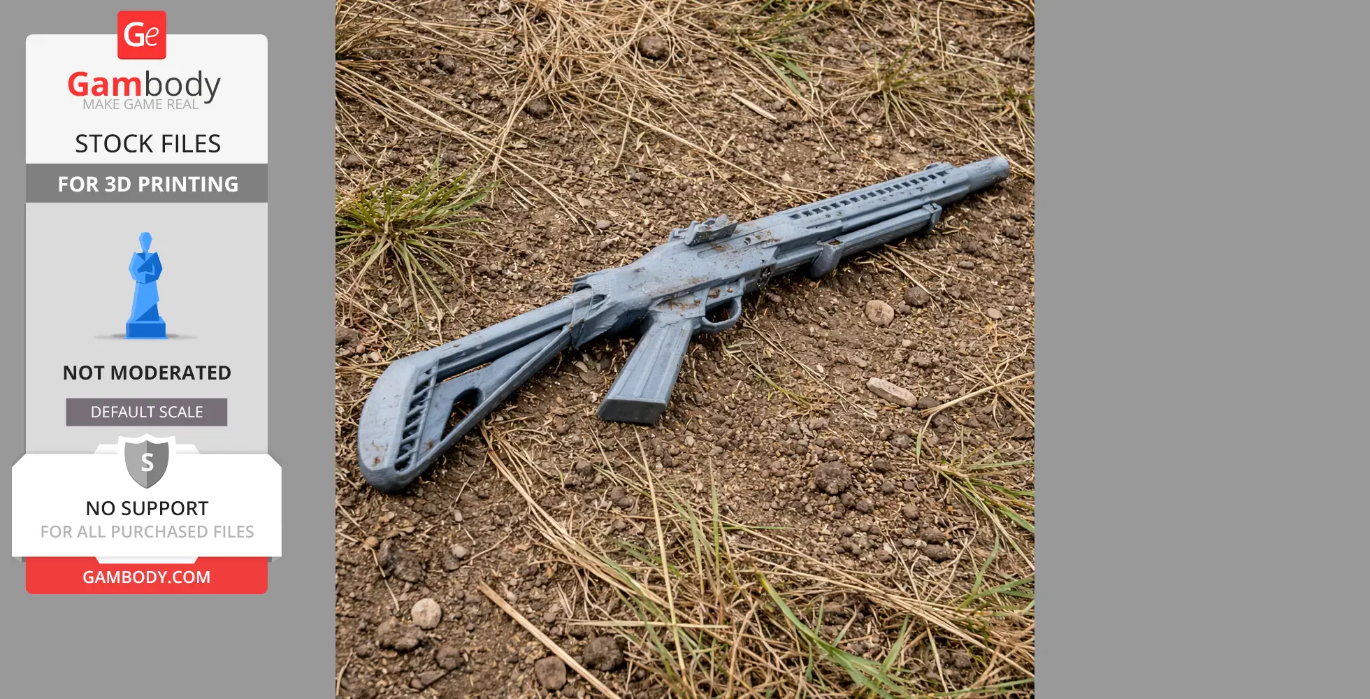 A gray 3D-printed shotgun prop lies on rocky ground with sparse grass.