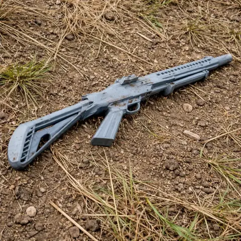 A detailed 3D-printed prop of a Hawk Industries Type 97 shotgun lies on a grassy, dirt-covered ground.