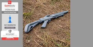 A gray 3D-printed shotgun prop lies on rocky ground with sparse grass.
