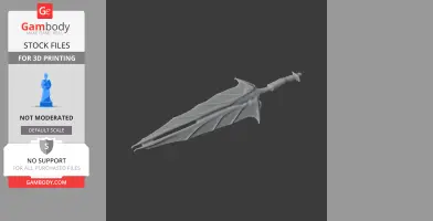 Intricately designed fantasy sword with dragon wing-like blade, suitable for 3D printing cosplay prop.