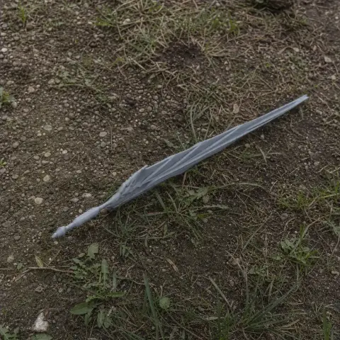 A detailed, fantasy sword prop with a twisted blade, lying on grassy terrain.