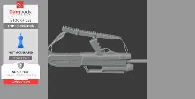 A 3D model of a stylized sci-fi gun, with a top rail and a textured grip, designed for 3D printing.