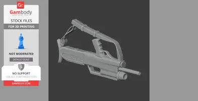 A 3D model of a futuristic, stylized rifle prop with a detailed grip and stock, designed for 3D printing.