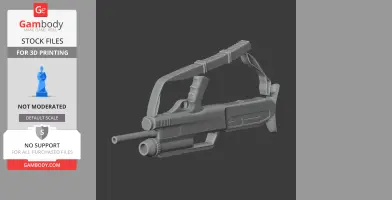 Futuristic gray gun model with a detailed design, featuring a handle and barrel, for 3D printing cosplay props.