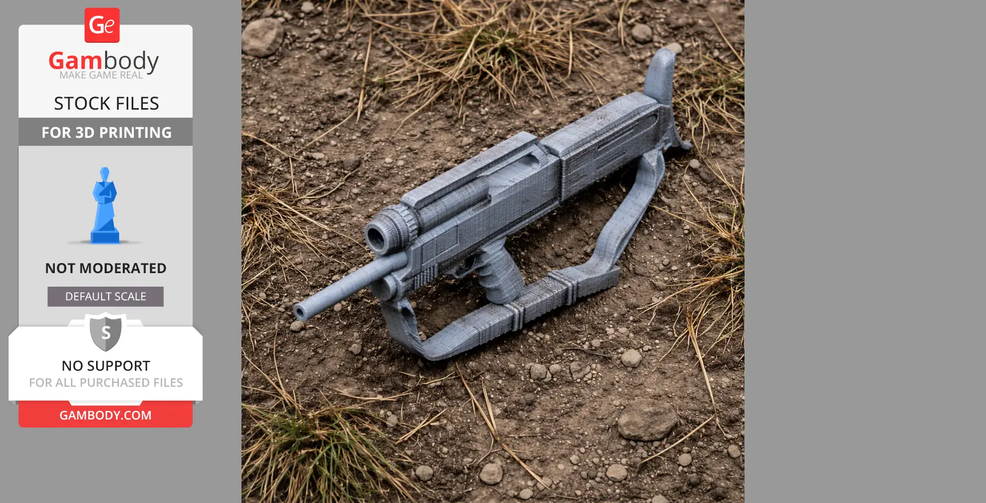Gray 3D-printed sci-fi gun model on dirt and grass surface.