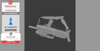 A 3D model of a futuristic shotgun with a scope and strap, designed for cosplay and 3D printing.