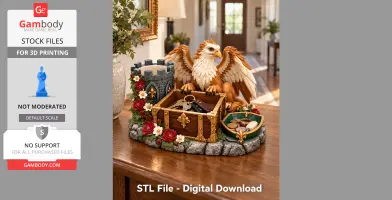 A griffin figurine guarding a treasure chest key organizer with coins and flowers.