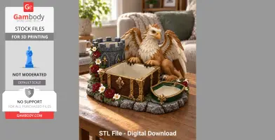 Griffin figurine with open treasure chest and tower, surrounded by flowers on a stone base.