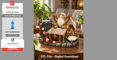 A griffin figure with wings sits atop an ornate treasure chest surrounded by flowers and a castle wall.