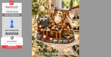 A griffin atop a treasure chest with castle elements, surrounded by flowers and candles.