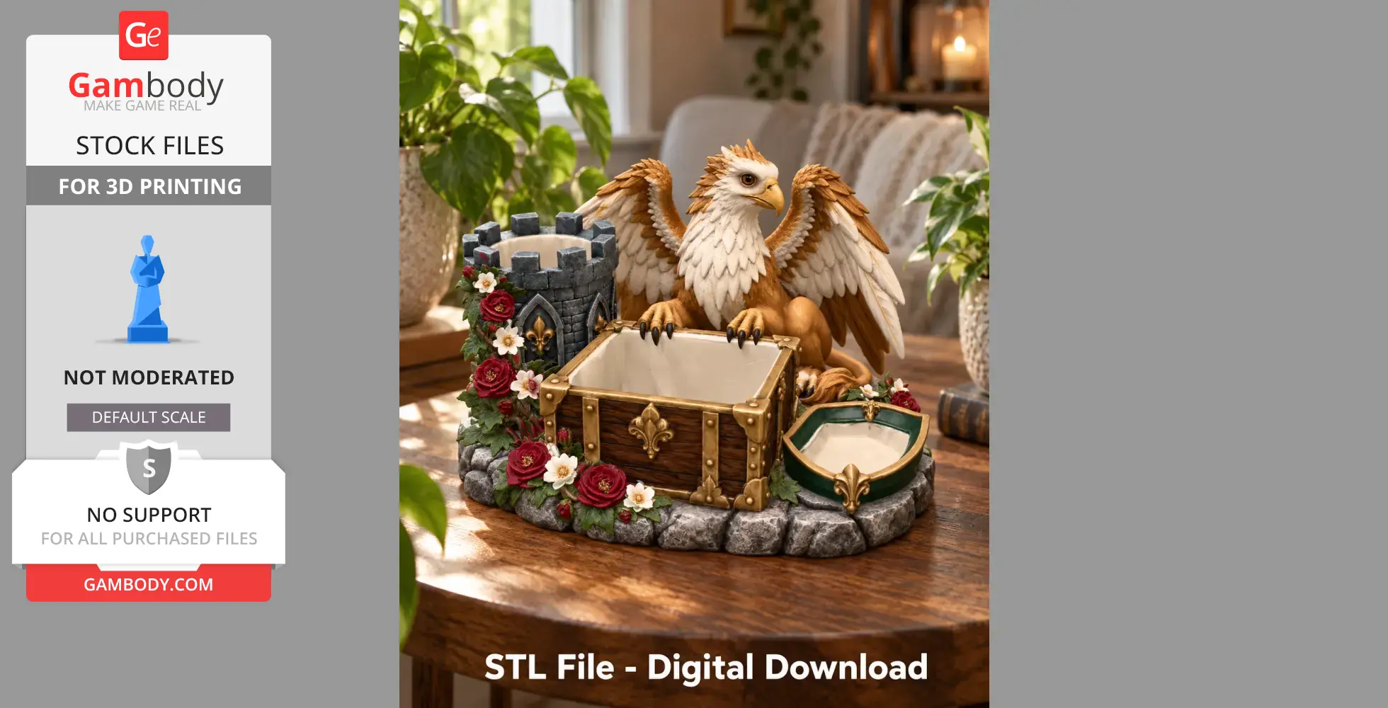 A griffin figure with wings sits atop an ornate treasure chest surrounded by flowers and a castle wall.