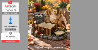 A griffin beside a treasure chest, surrounded by flowers and a stone tower, designed for a key organizer.