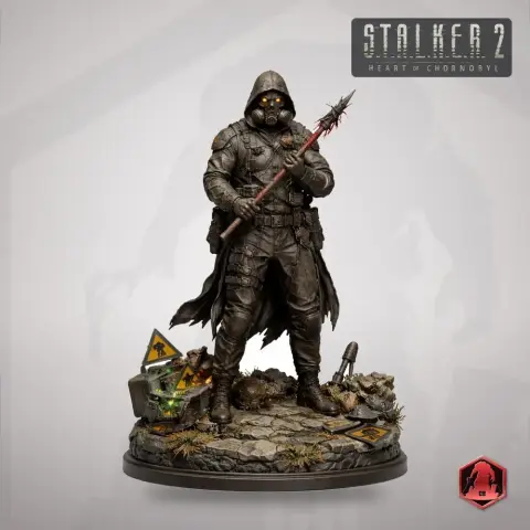 Armored figure with a hood and gas mask holds a spiked weapon, standing on a rocky, detailed base.