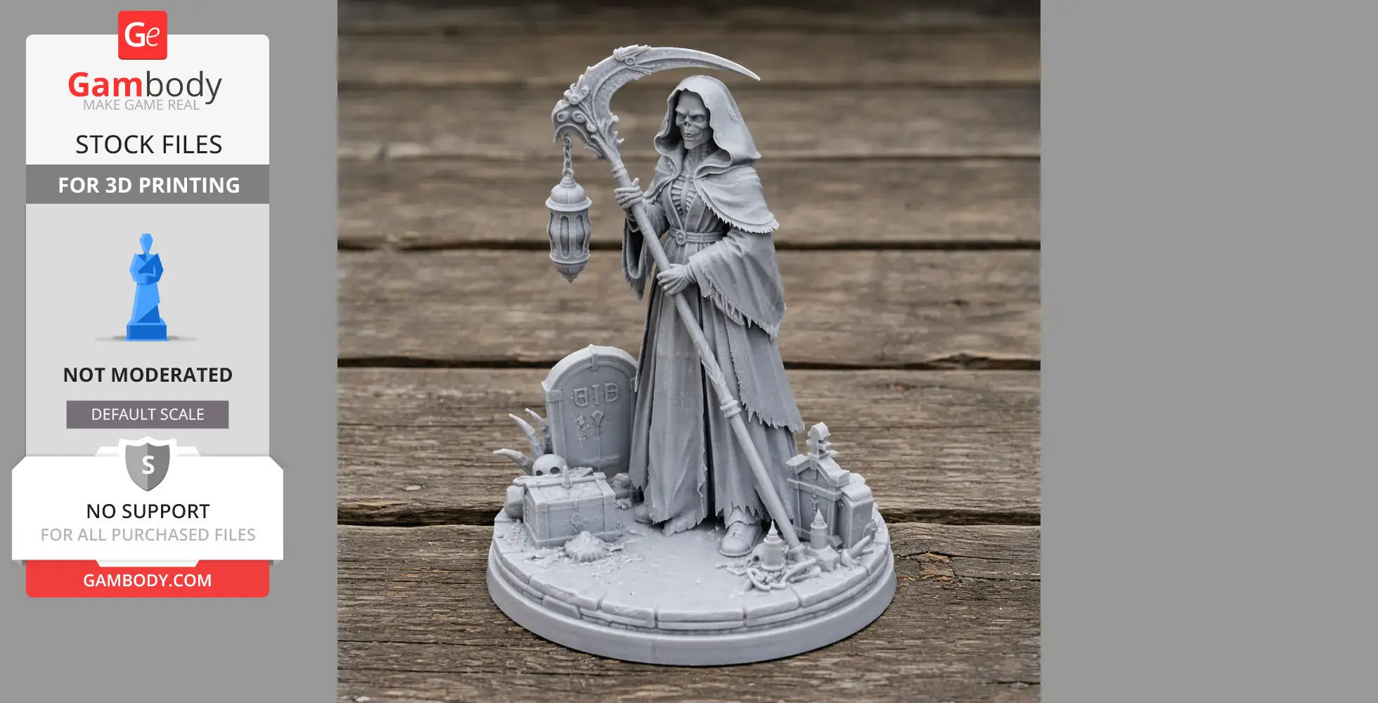 Hooded skeleton figure with scythe and lantern stands on a detailed base with tombstone, chest, and skull.