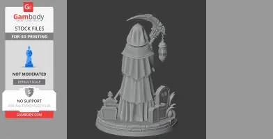 Hooded figure with scythe, standing on a base with tombstones and a lantern.