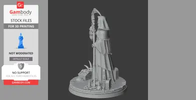 A hooded figure holding a scythe, standing on a detailed base with various objects.