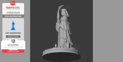 Hooded figure in tattered robe holding a staff, standing on a detailed circular base.