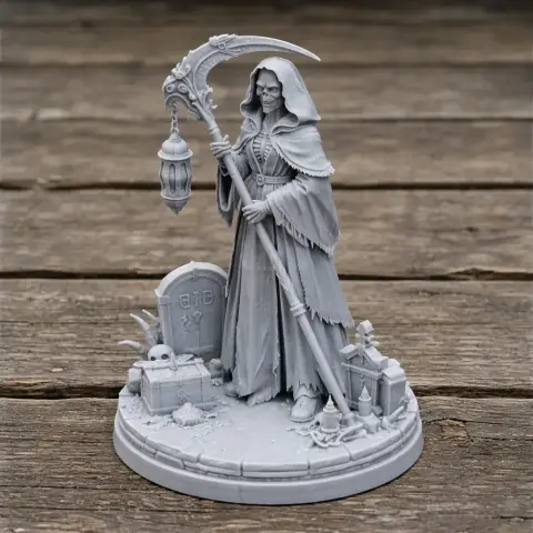 A hooded figure with a scythe stands on a base with gravestones and a skull, designed for 3D printing.