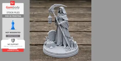 Hooded skeleton figure with scythe and lantern stands on a detailed base with tombstone, chest, and skull.