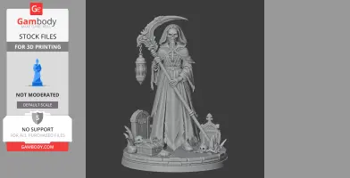A skeletal figure in a hooded cloak holding a scythe and lamp, standing on a base with skulls and graves.