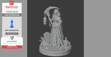 Hooded grim reaper figure with scythe and lantern, standing on a detailed graveyard-themed base.