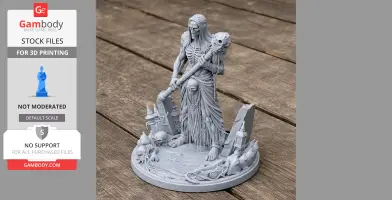A skeletal figure in tattered robes wields a staff adorned with skulls, standing on a decorated base.