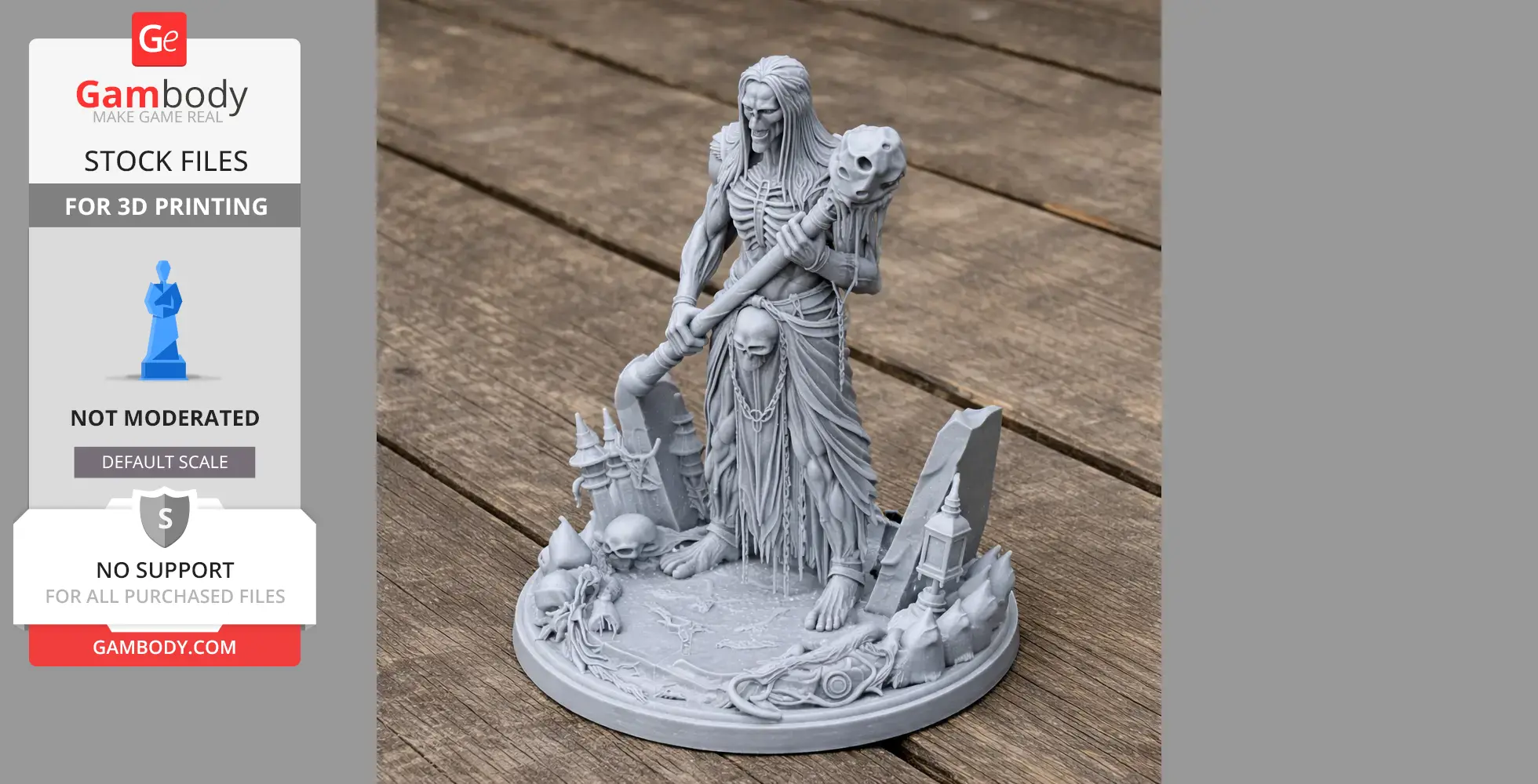 A skeletal figure in tattered robes wields a staff adorned with skulls, standing on a decorated base.