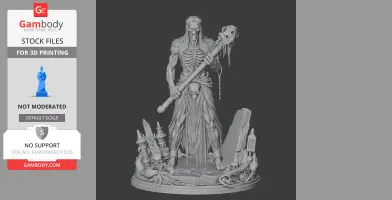 A skeletal figure with a staff, draped in chains and skulls, on a detailed base with stones and tentacles.