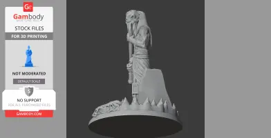 A 3D model of a robed figure with a skull staff, standing on a detailed base with spikes.