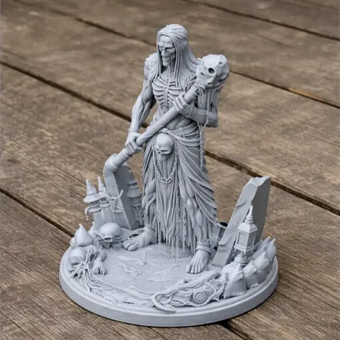 A skeletal figure with long hair and a skull staff on a detailed base with skulls and chains.